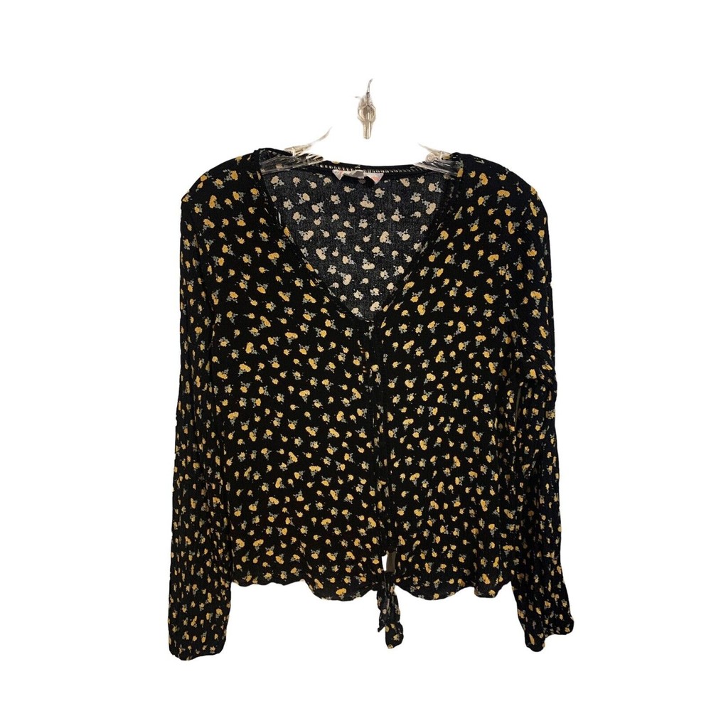 Pink Rose Blouse Long Sleeve Black with yellow floral Womens Size Large